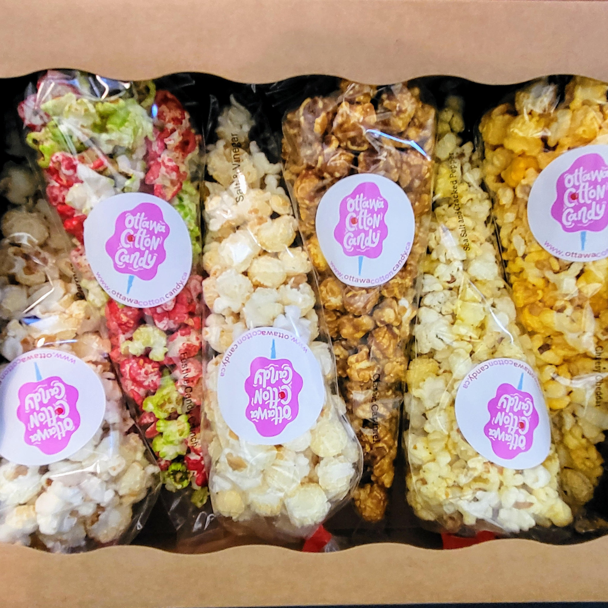 Image of Bytown Gourmet Popcorn Sampler Gift Box with bags of our most popular popcorn; Salt and Vinegar, Holiday Festive Crunch (during Holidays) Sea Salt and Black Pepper, Caramel, Cheesy Cheddar and Parmesan Cheese