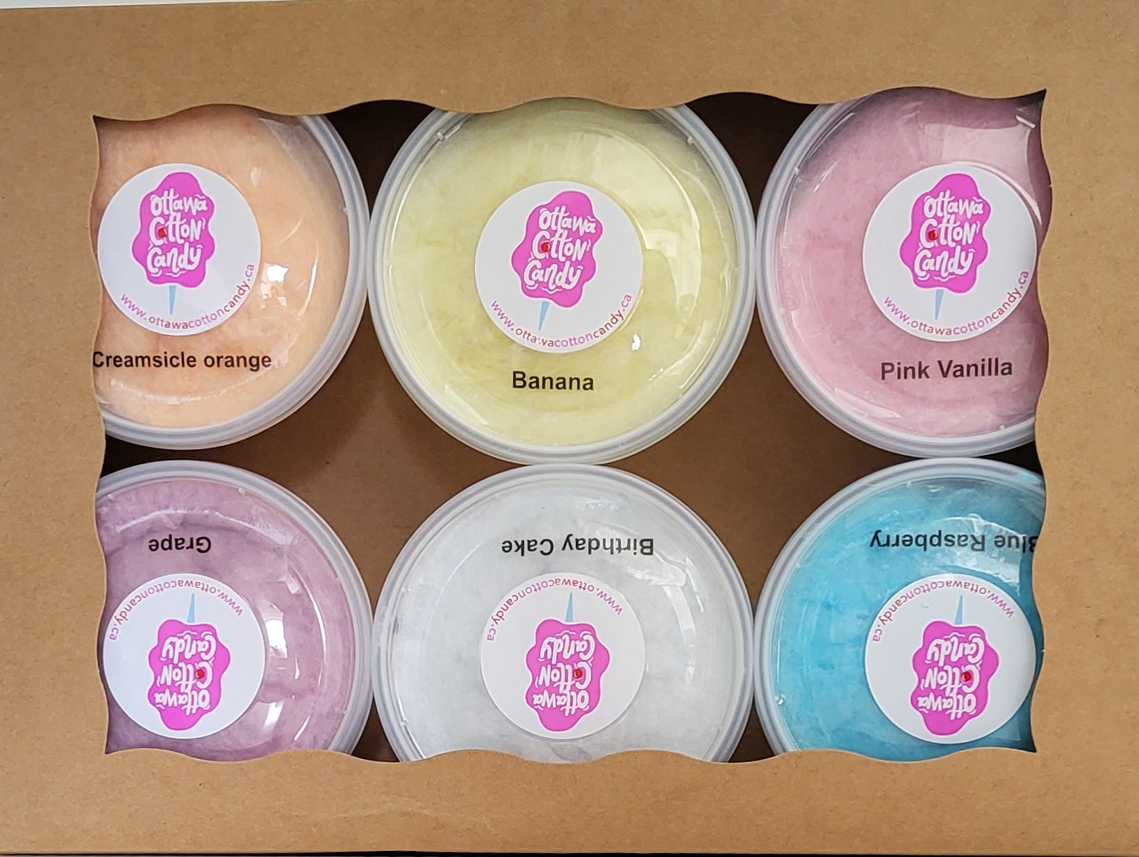 box containing 6 different flavours of Ottawa Cotton Candy 